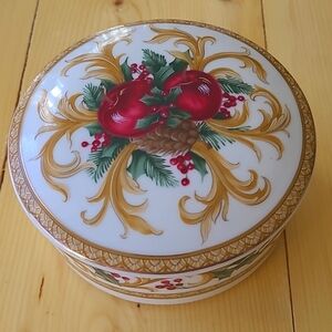Vintage Mikasa Lidded trinket bowl "Holiday Orchard" Apples Holly Gold Scroll
